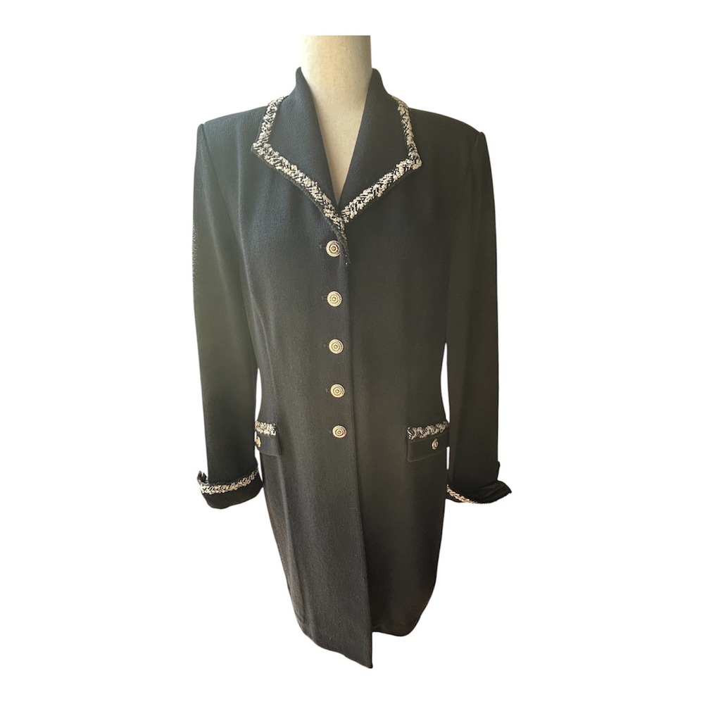 St John Collection Women 10 Black Knit Longline Blazer Coat Trimmed Gold Button